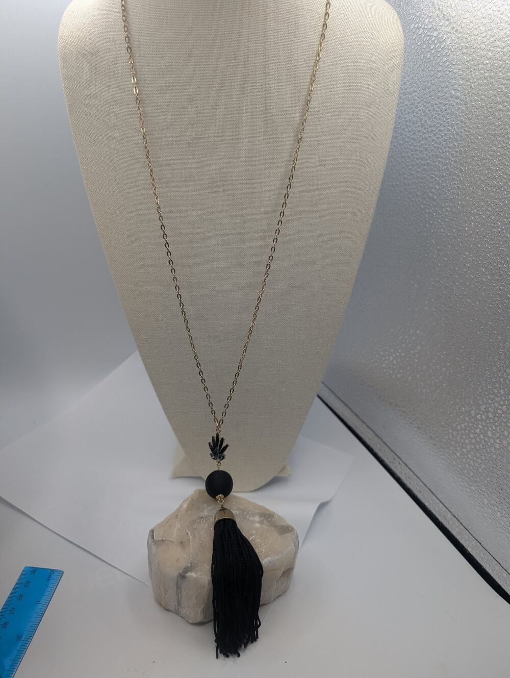 INC International Concepts Gold Tone Black Bead Tassel Pendant Necklace Long